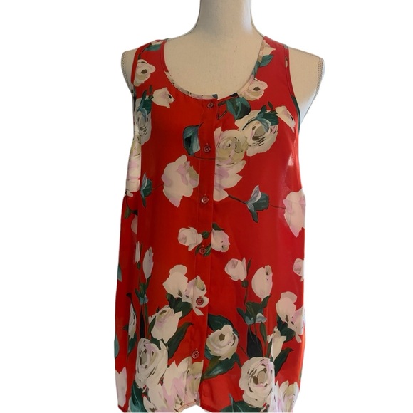 CABI MANET ORANGE FLORAL BUTTON UP SLEEVELESS SHEER TANK BLOUSE - SIZE LARGE - Picture 6 of 12